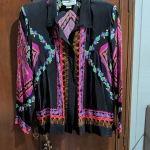 Black Floral Border Print Women's Blouse